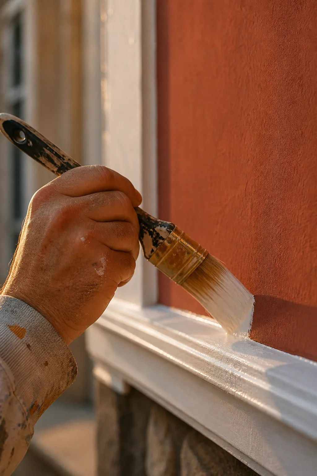 Painter carefully brushing paint along a trim edge