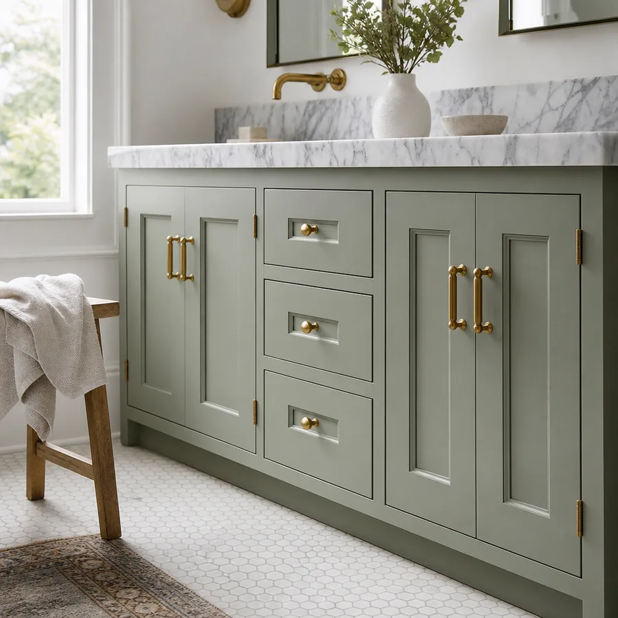 Freshly painted bathroom vanity in soft sage green
