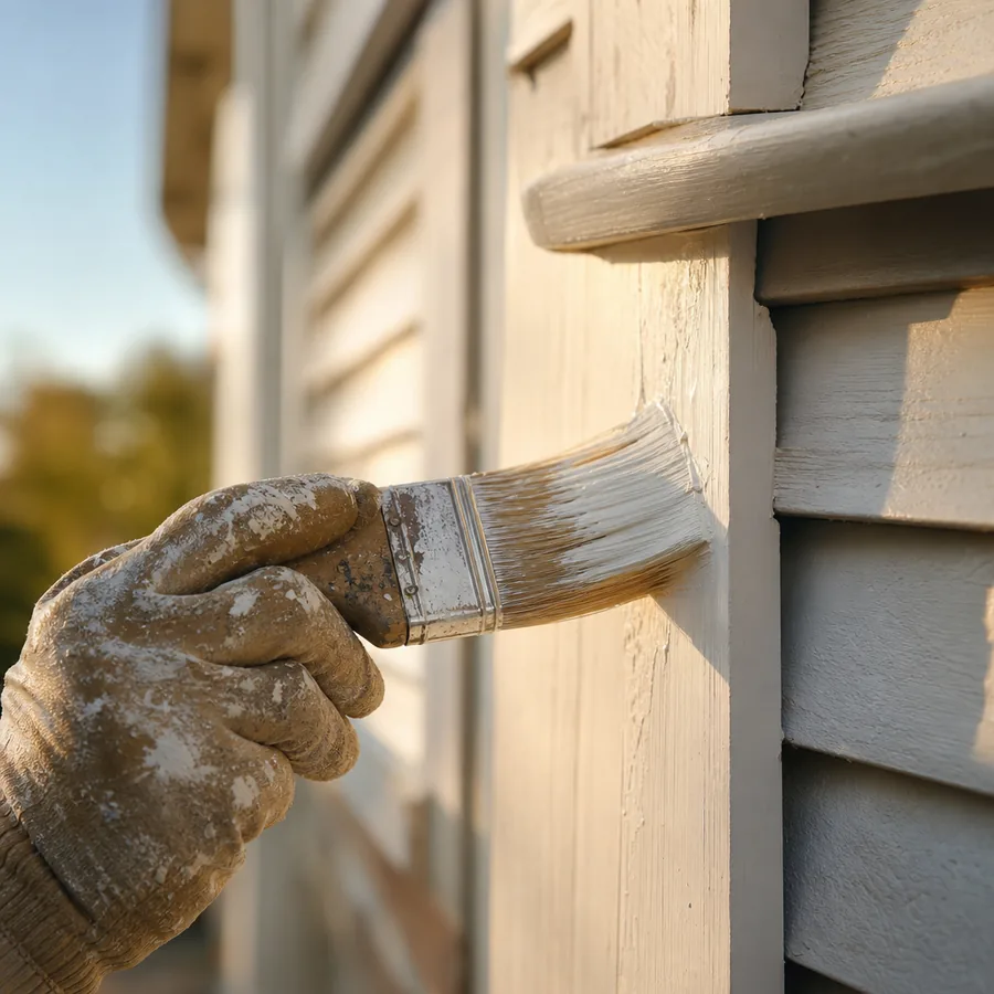 Close-up of a brush applying exterior paint to wood siding