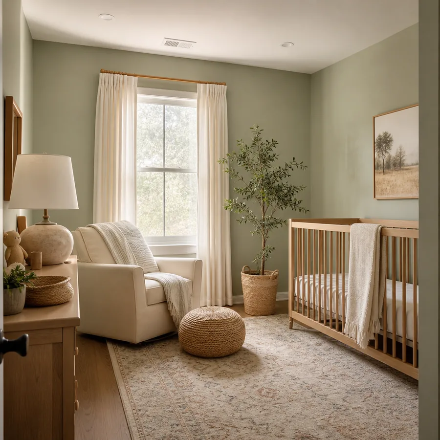 Freshly painted nursery in soft sage green