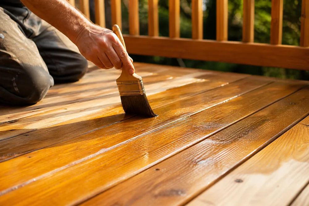 Brush staining a wooden deck in warm honey tone
