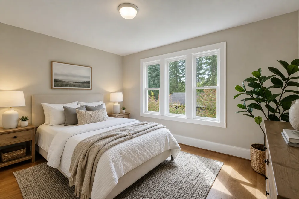 Freshly painted cozy bedroom in warm neutral tones
